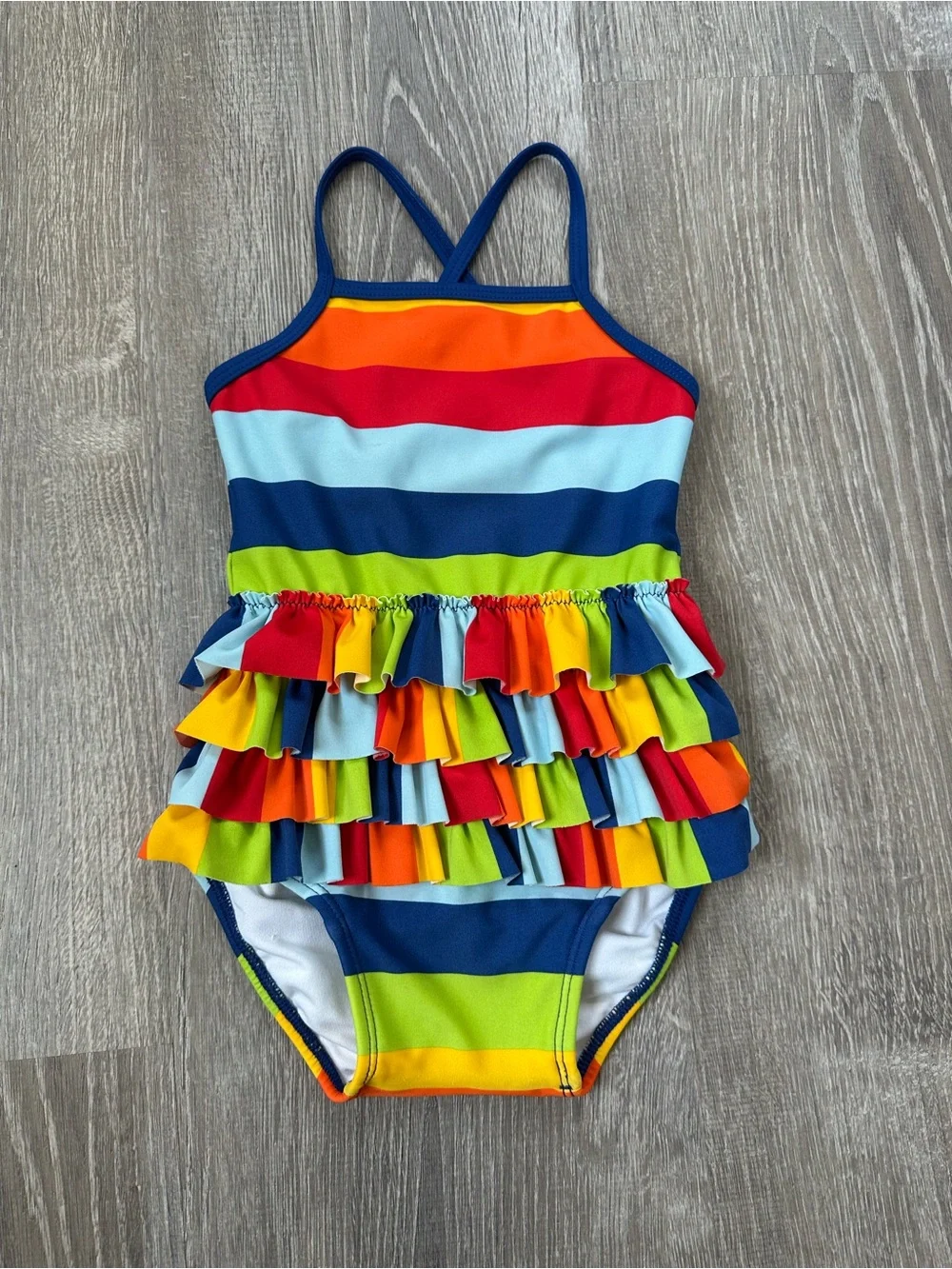 Hanna Andersson Rainbow Stripe Ruffle One-Piece Swimsuit - Blue/Red/Green